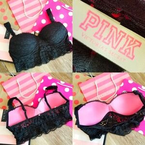 Victoria's Secret PINK Push-up Bra Crop Top Bustier Bandeau Bralette Black Lace